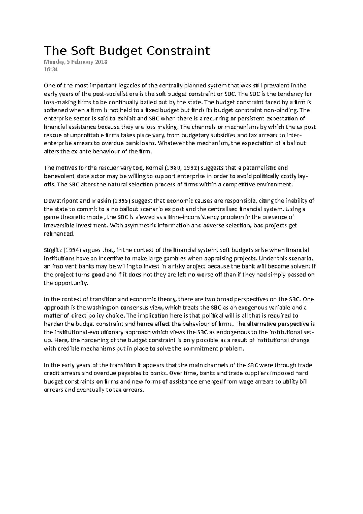 The Soft Budget Constraint The Soft Budget Constraint Monday, 5