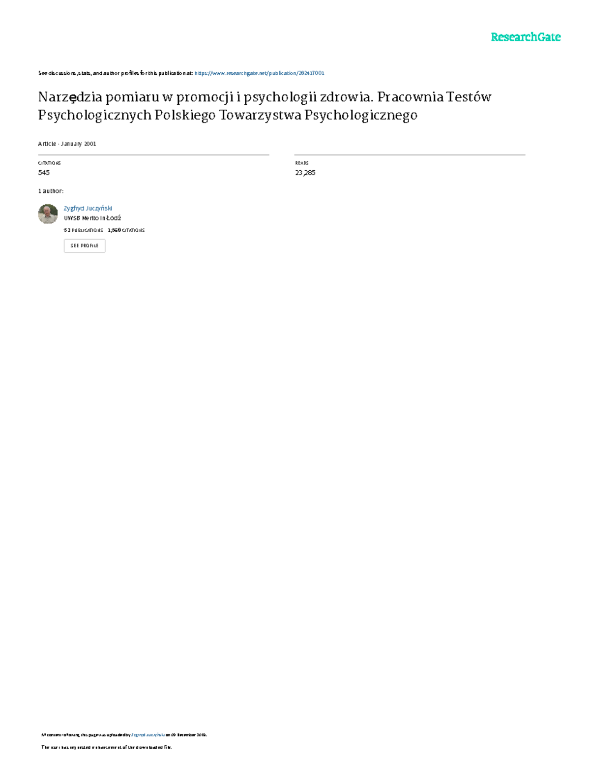 Juczyński Z. (2001 ), Narzędzia pomiaru w promocji i psychologii