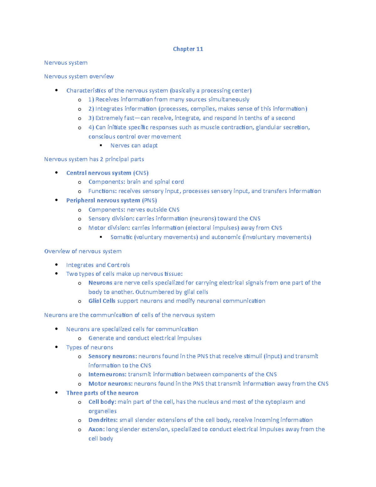 Chapter 11 - Lecture notes cht 11 - Chapter 11 Nervous system Nervous ...