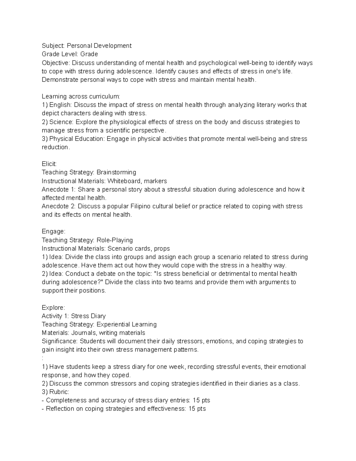 Lesson Plan Per Dev - None - Subject: Personal Development Grade Level ...