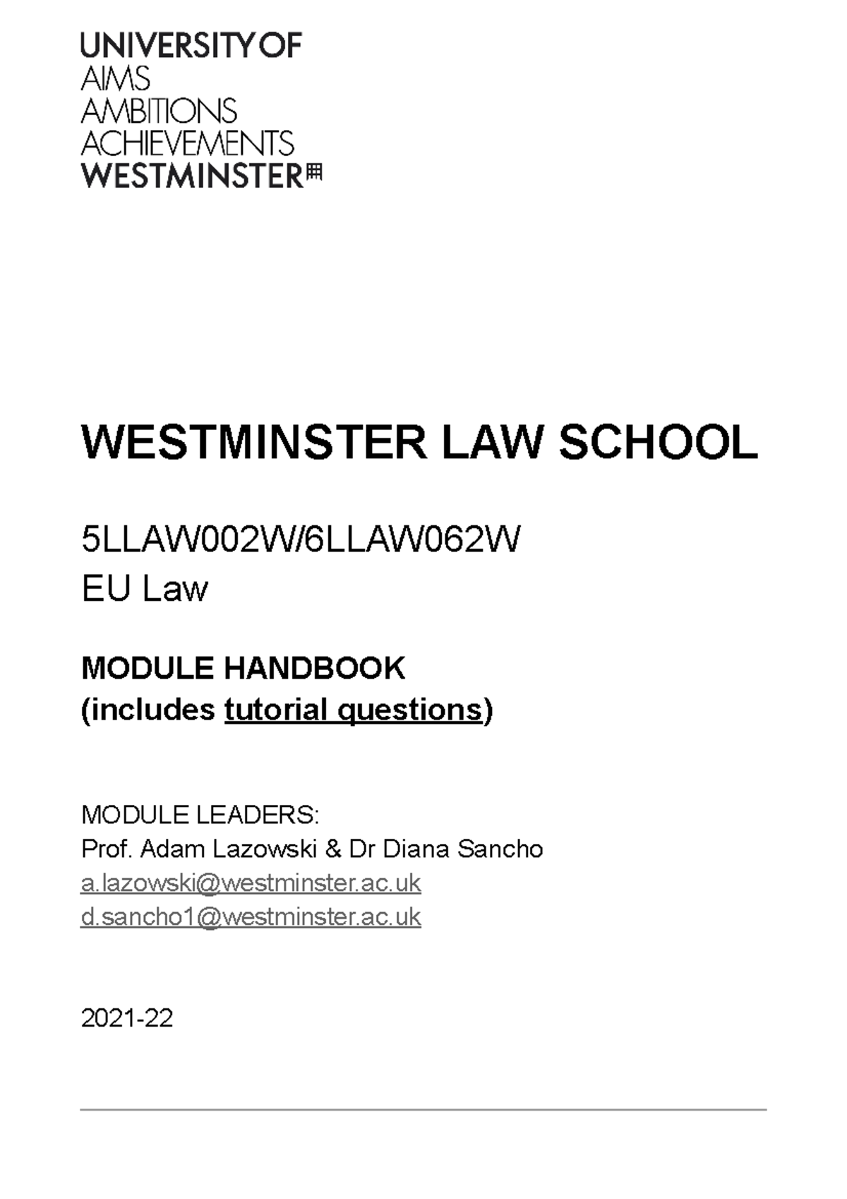 EU Law Module Handbook.final. 2021-22 - WESTMINSTER LAW SCHOOL ...