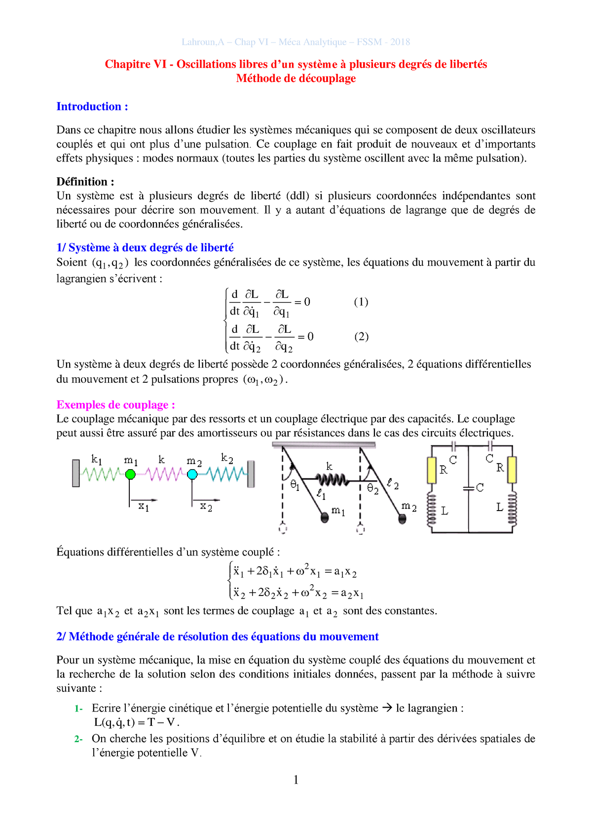 Chap VI VF Oscillations Libre A Plusieurs Ddl 2018 - Chapitre VI ...