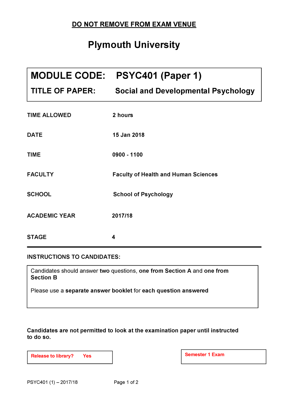 Exam Paper 1 - Social Psychology - PSYC401 (1) – 2017/18 Page 1 Of 2 DO ...