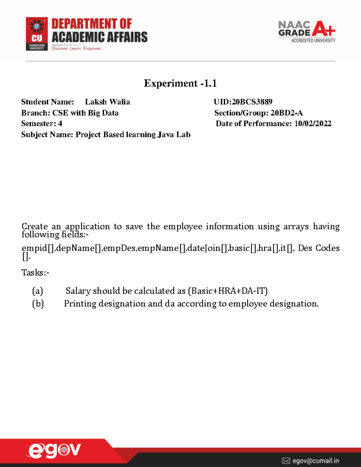 Worksheet Number - 1 PBLJ java lab 4th sem - Experiment -1. Student ...