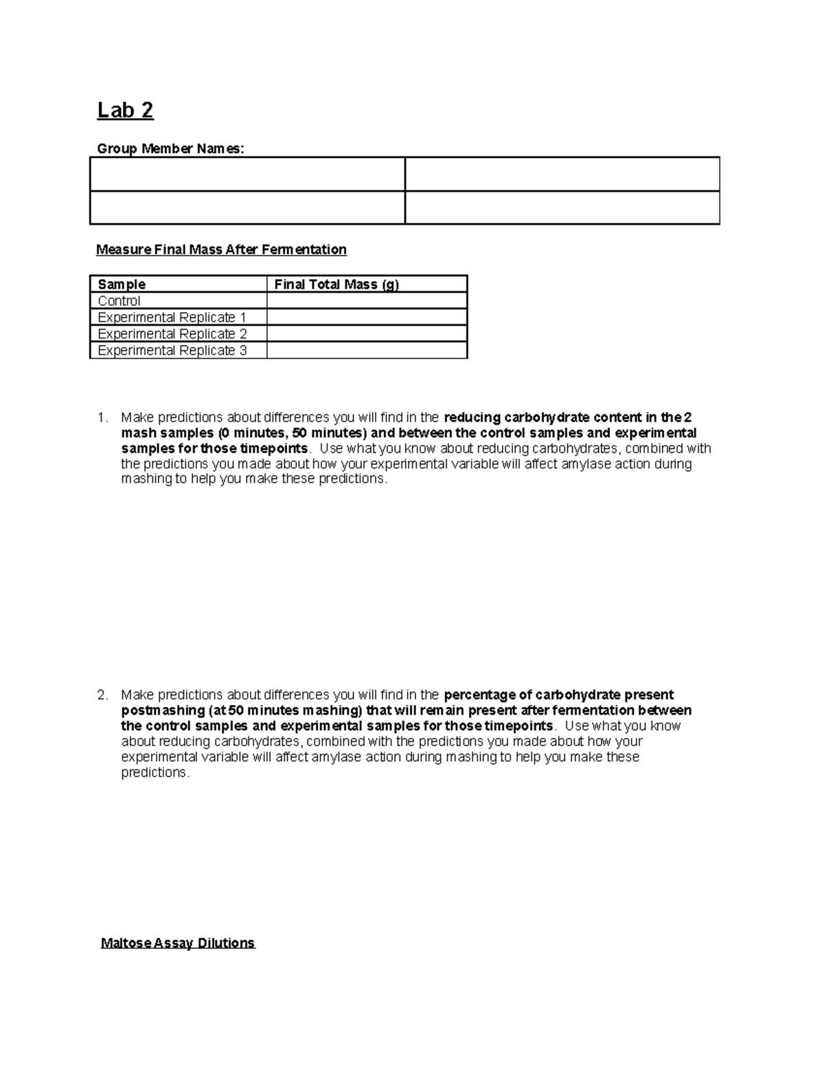 Beer me Lab 2 worksheet Lab 2 Group Member Names Measure Final Mass