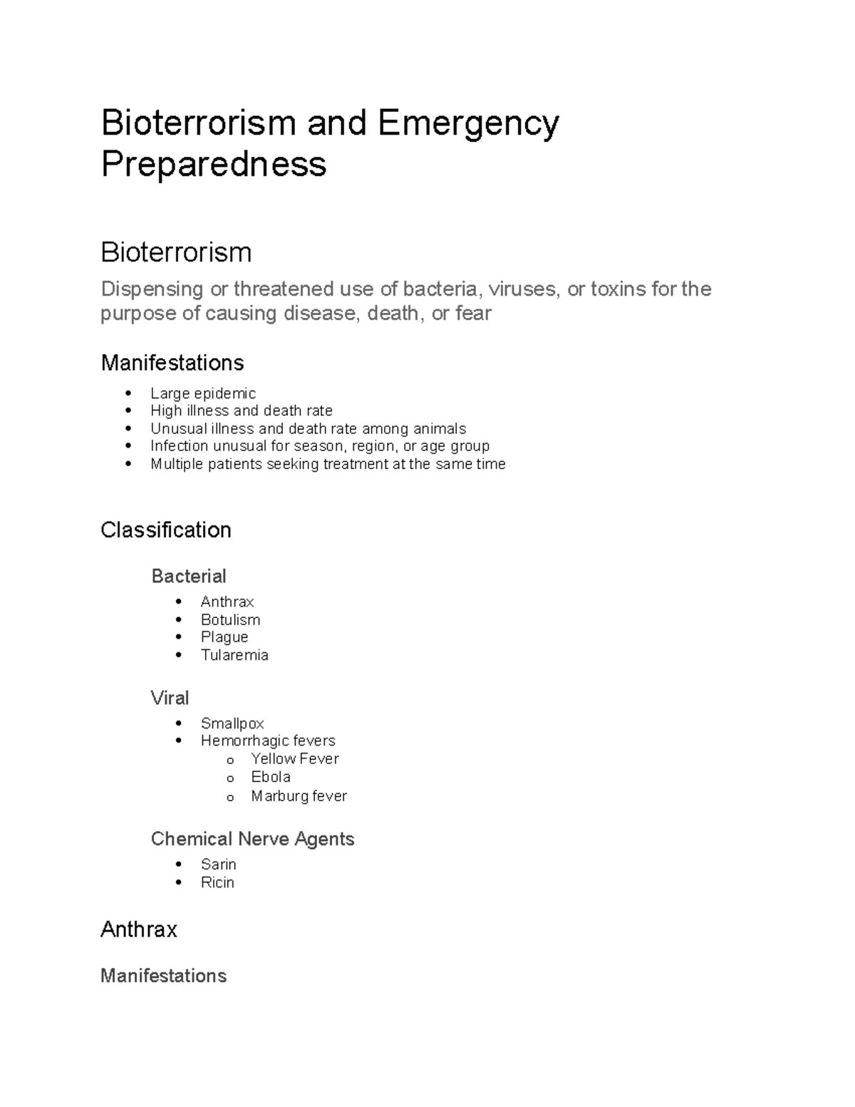 Bioterrorism and Emergency Preparedness Bioterrorism and Emergency