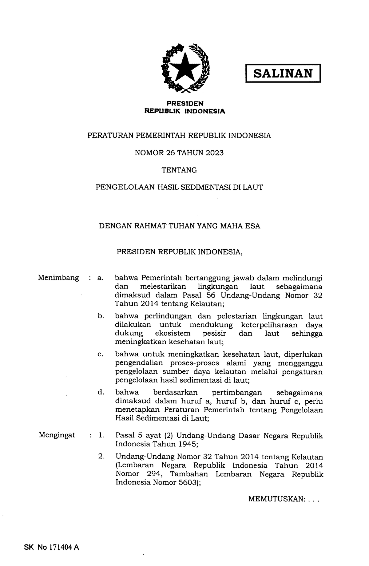 PP Nomor 26 Tahun 2023 - Menimbang Mengingat SALINAN PRESIDEN REPUBUK ...