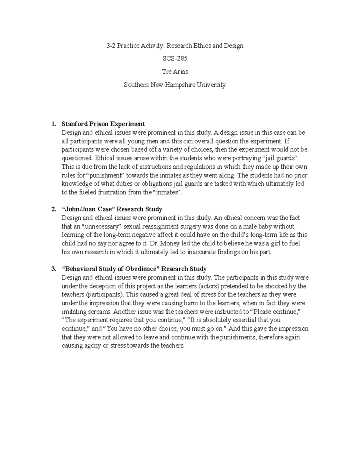 SCS-285 3-2 Practice Activity Research Ethics and Design - 3-2 Practice ...