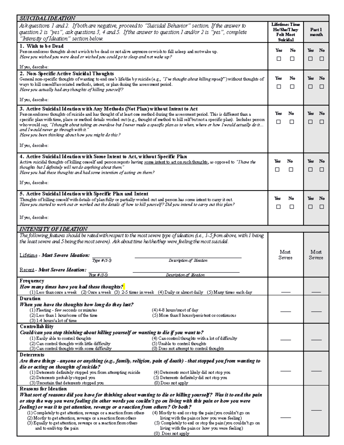 C SSRS Full Lifetime Recent 1 - SUICIDAL IDEATION Ask questions 1 and 2 ...