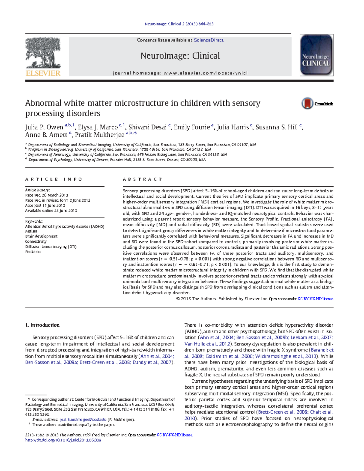Abnormal white matter microstructure in children with sensoryprocessing ...