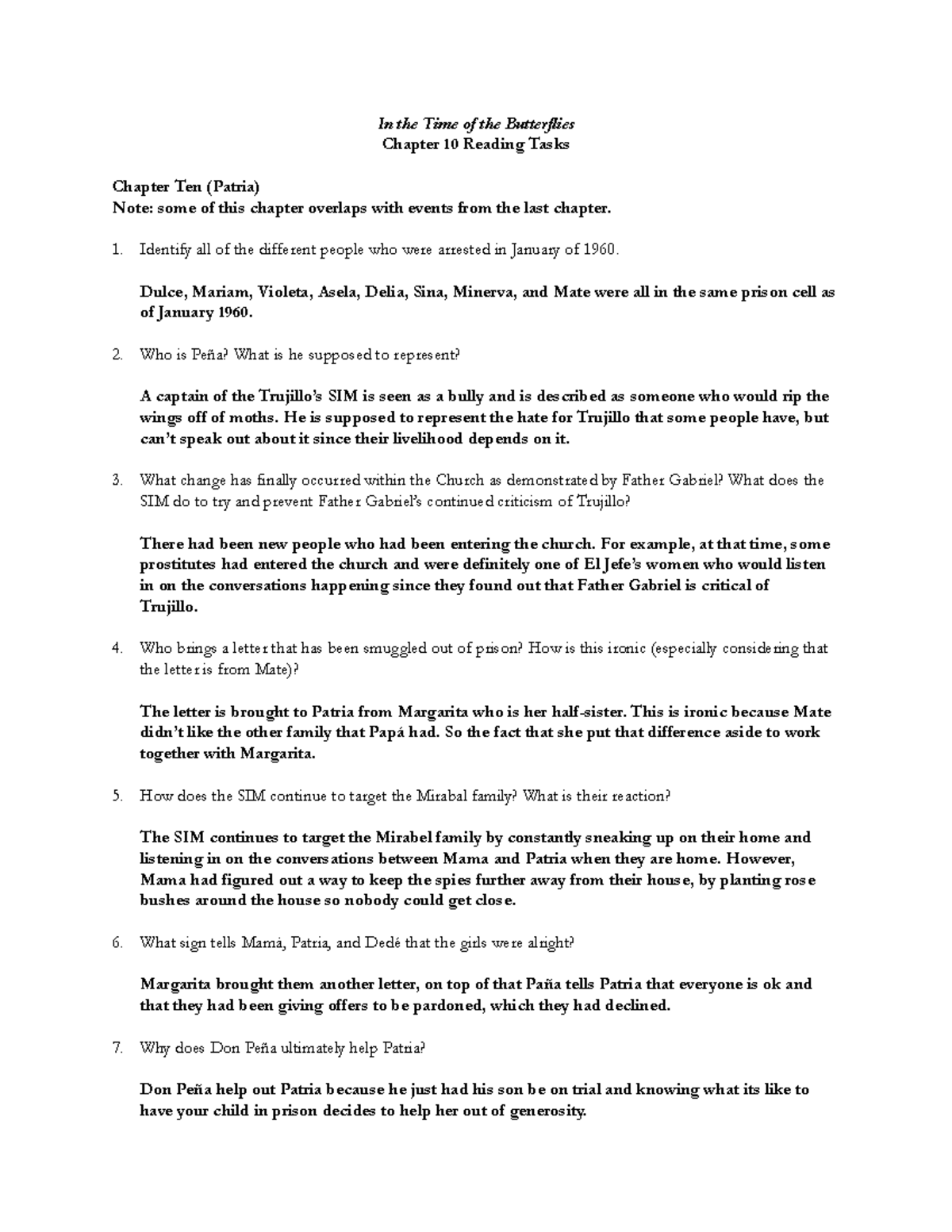 Butterflies 10 Reading Tasks In the Time of the Butterflies Chapter