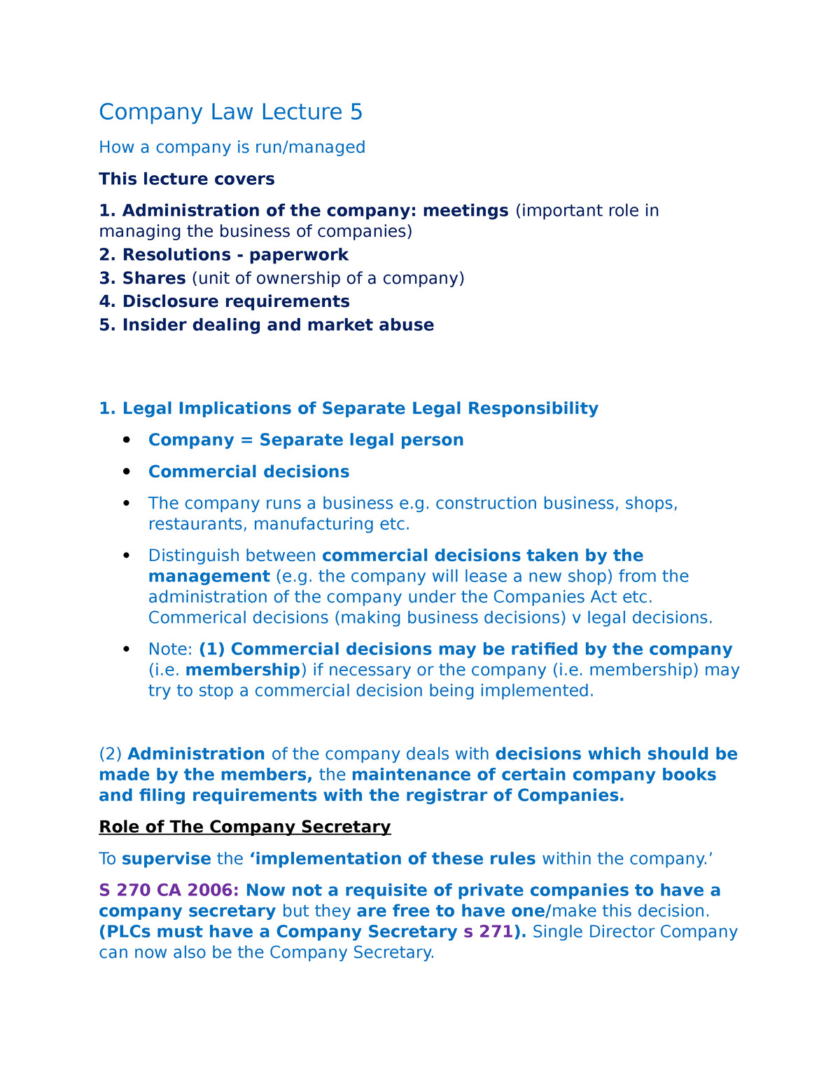 Business Law Company Law Lecture 5 - Company Law Lecture 5 How A ...