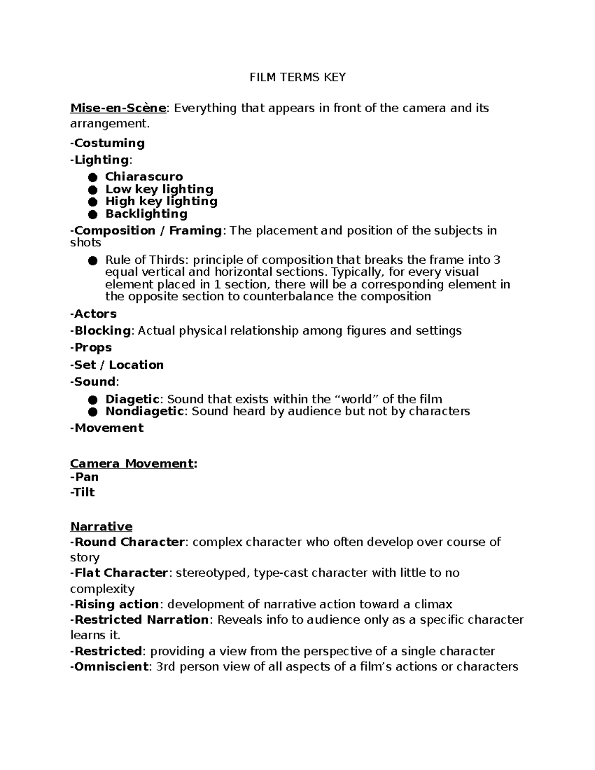 FILM Terms KEY1 - film notes - FILM TERMS KEY Mise-en-Scène: Everything ...