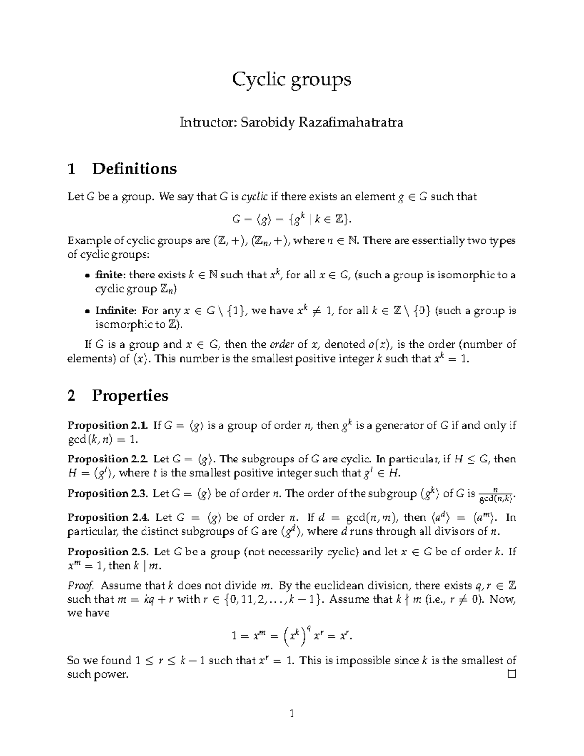 Cyclic-groups - Lecture notes 7 - Cyclic groups Intructor: Sarobidy ...