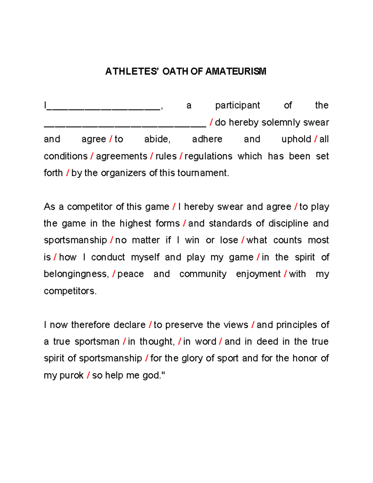 Oat of Amaturism - For GSP for their activities. - ATHLETES’ OATH OF ...