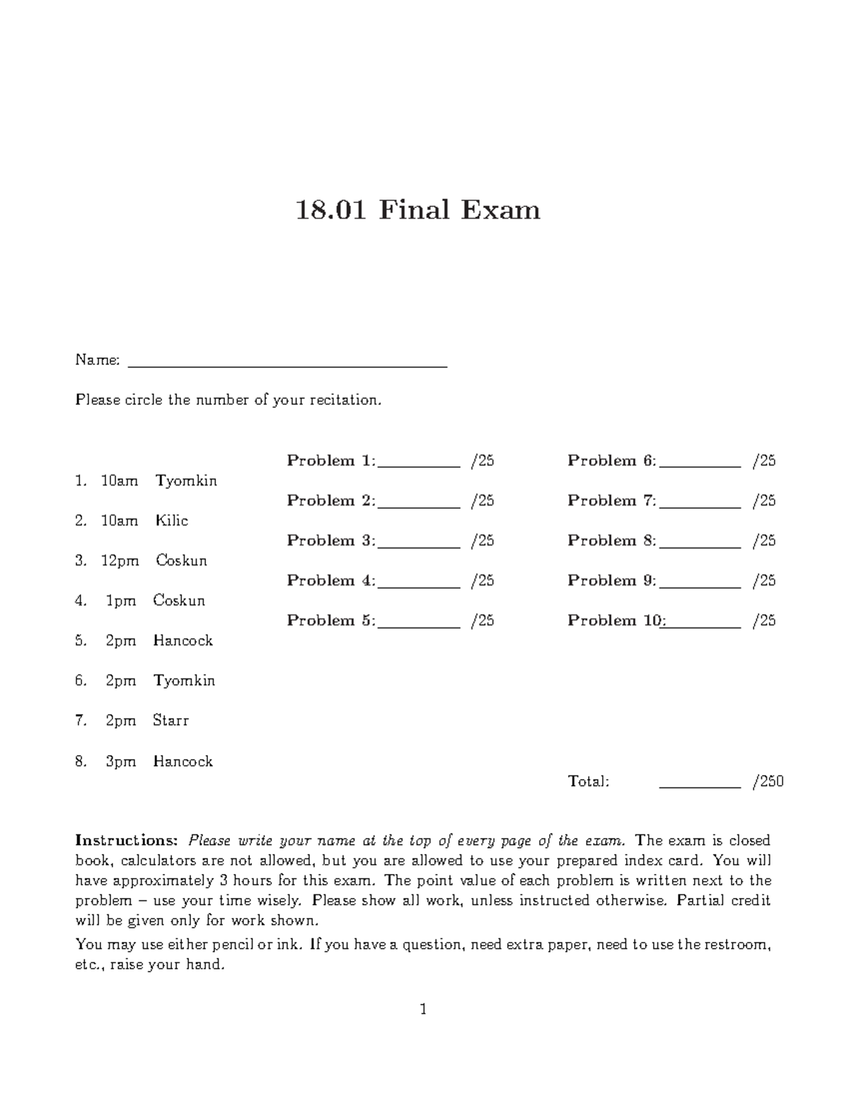 Ocw01f05final-1 - exam - 18 Final Exam Name: Please circle the number ...