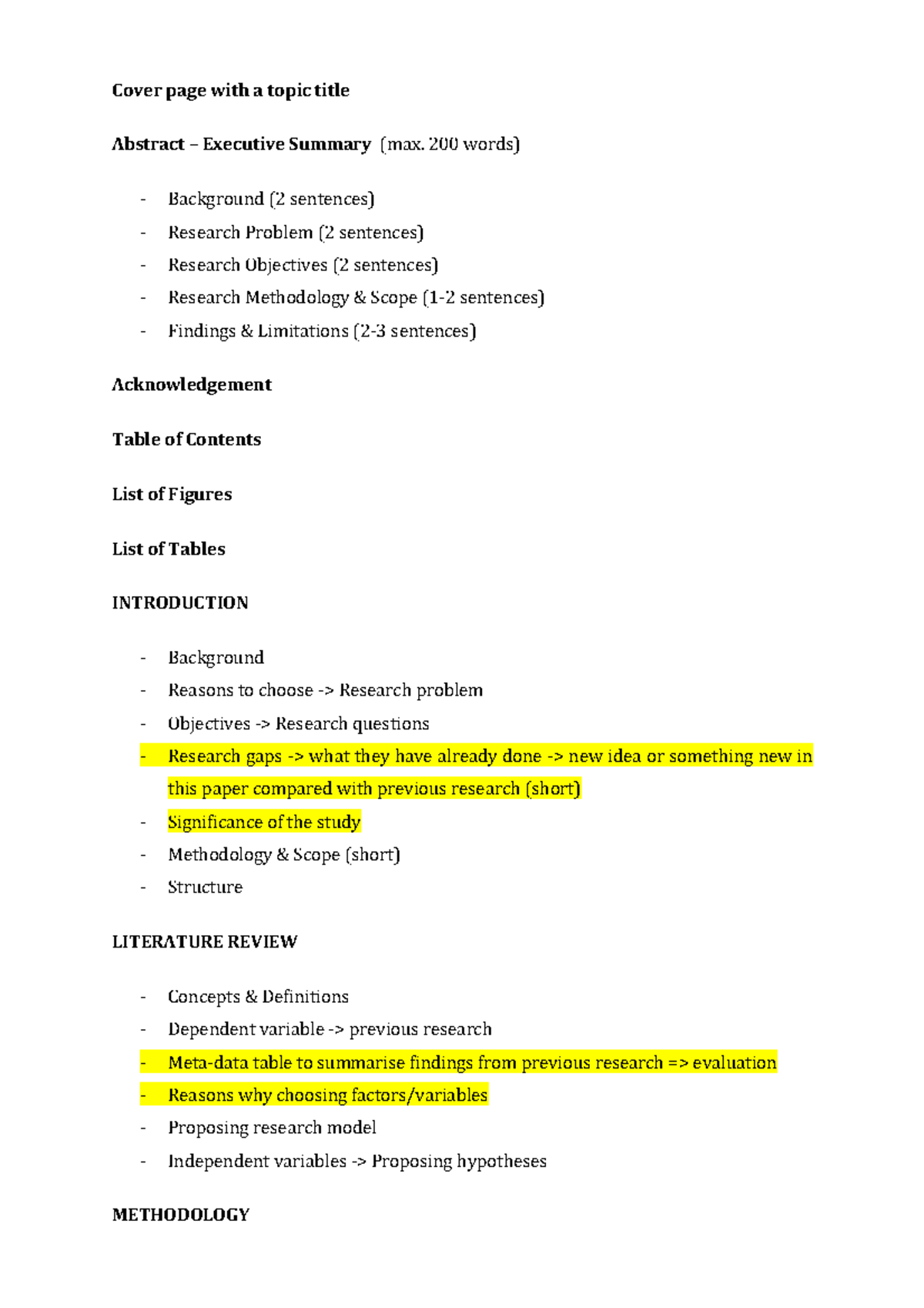Outline of Thesis - good - Cover page with a topic title Abstract ...