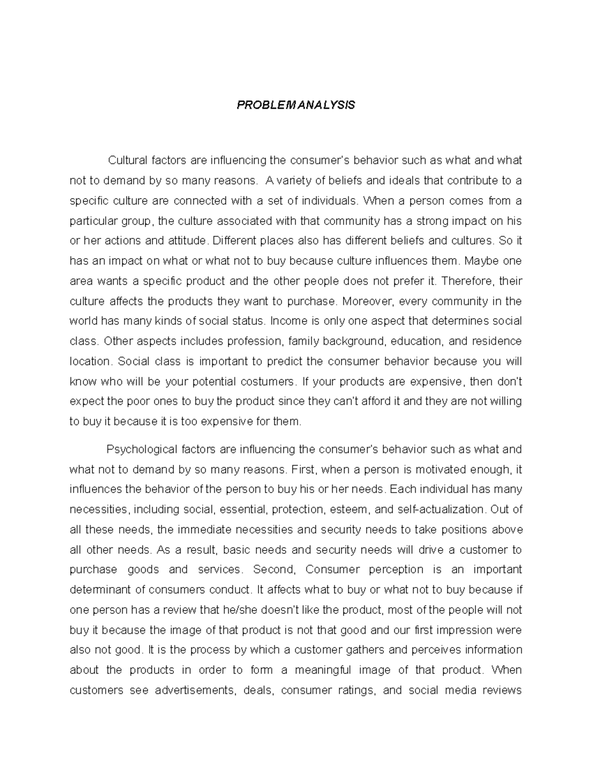 Problem Analysis - Lecture notes 1 - PROBLEM ANALYSIS Cultural factors ...