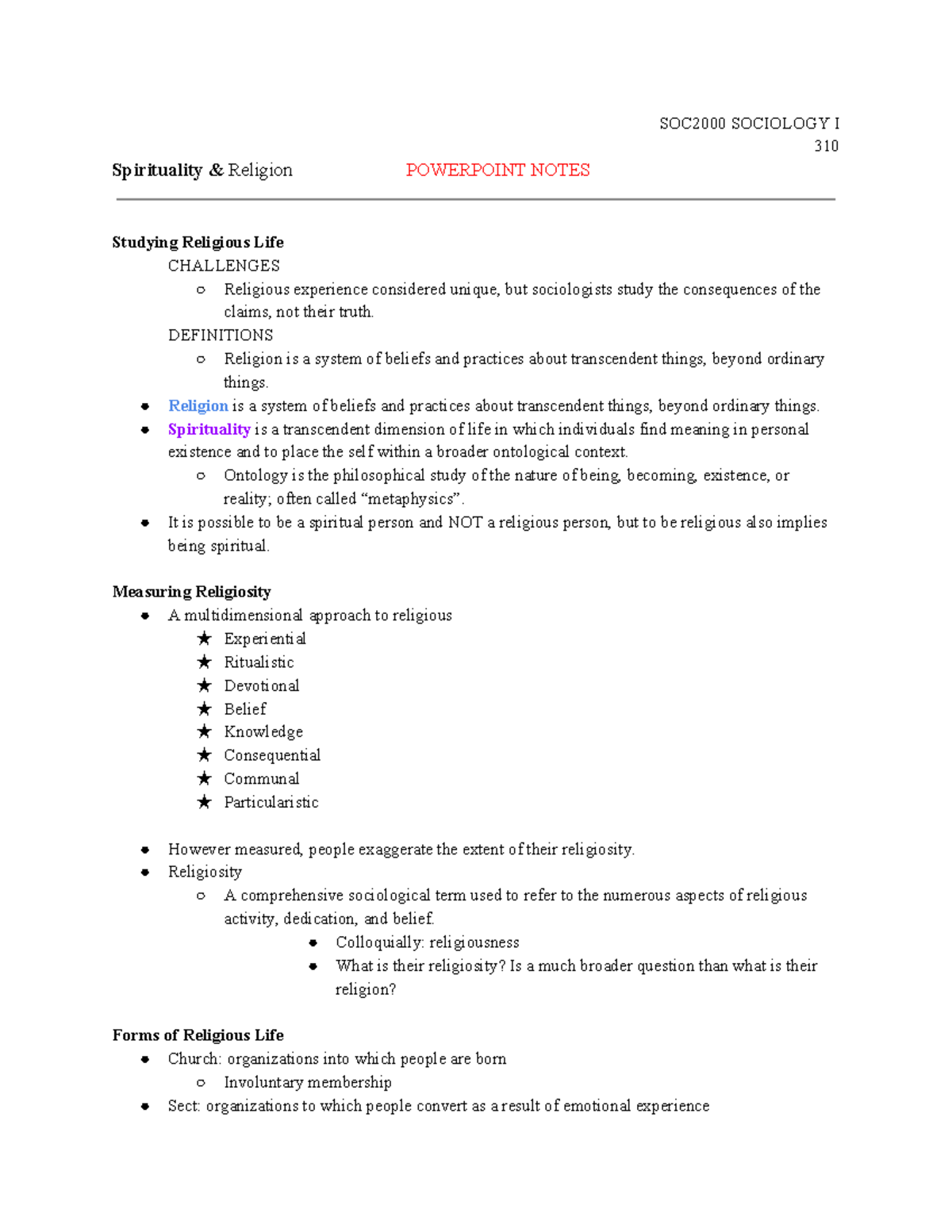 W10 Notes - SOC2000 SOCIOLOGY I 310 Spirituality & Religion POWERPOINT ...