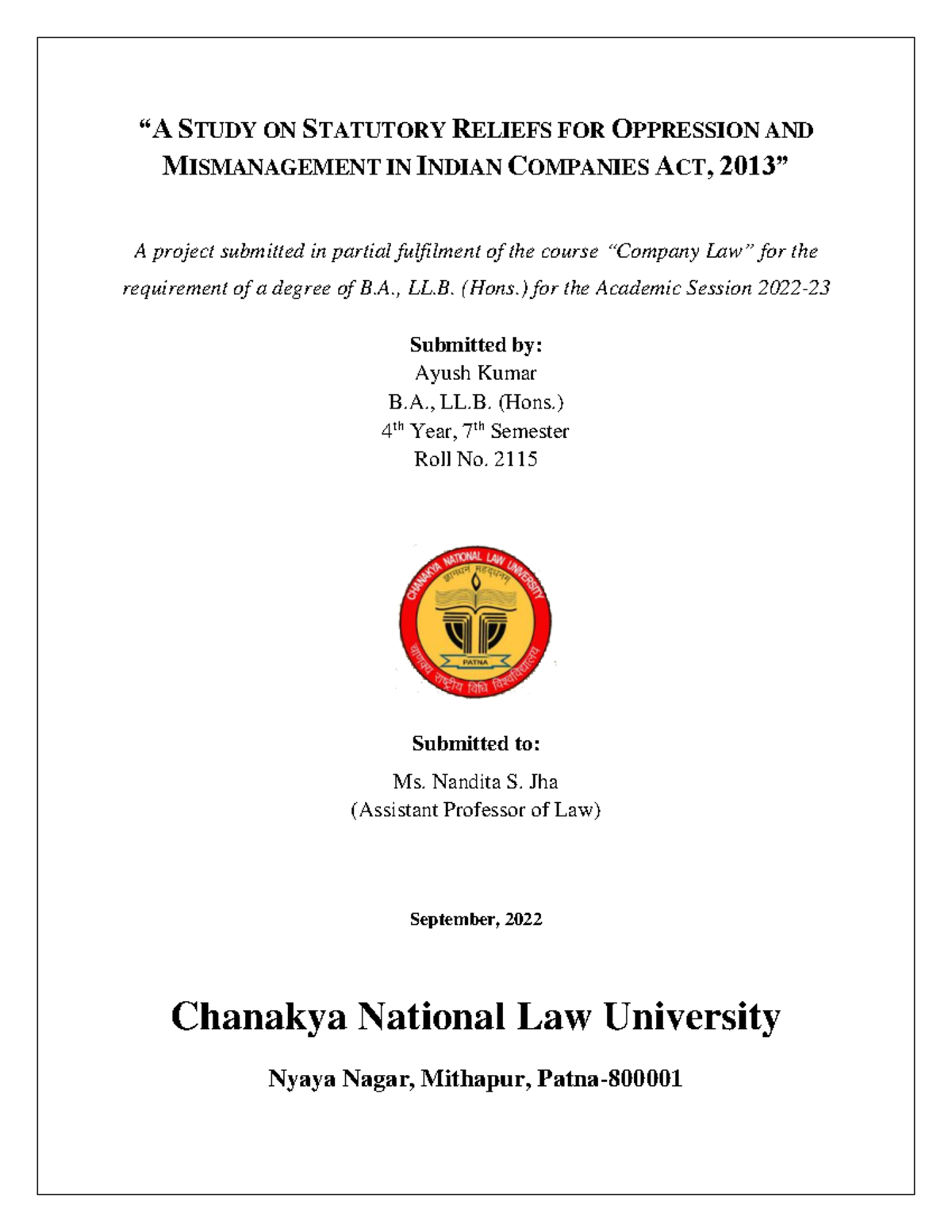 A Study on Statutory Reliefs for Oppression and Mismanagement in Indian