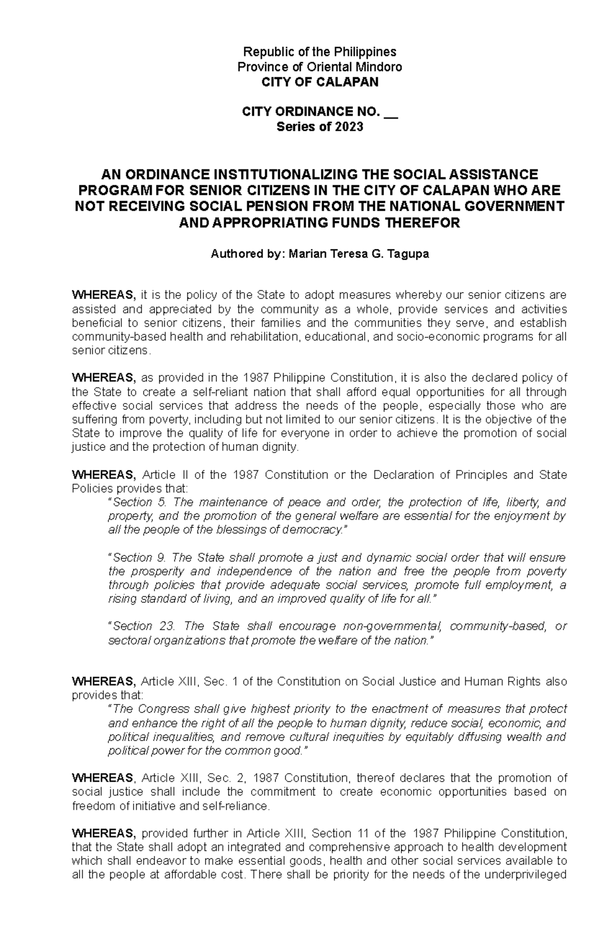 Ordinance - City of Calapan Social Assistance Program for the Senior ...