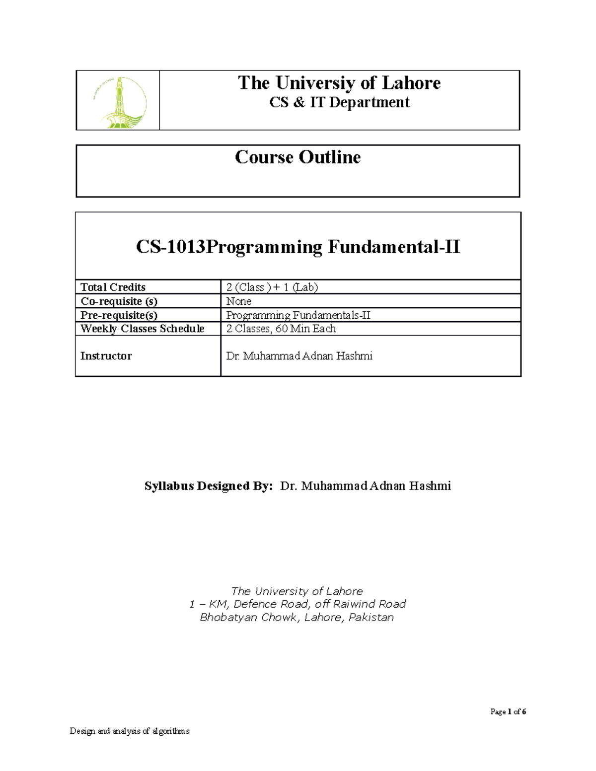 Course outline-PF-II Final - The Universiy of Lahore CS & IT Department ...