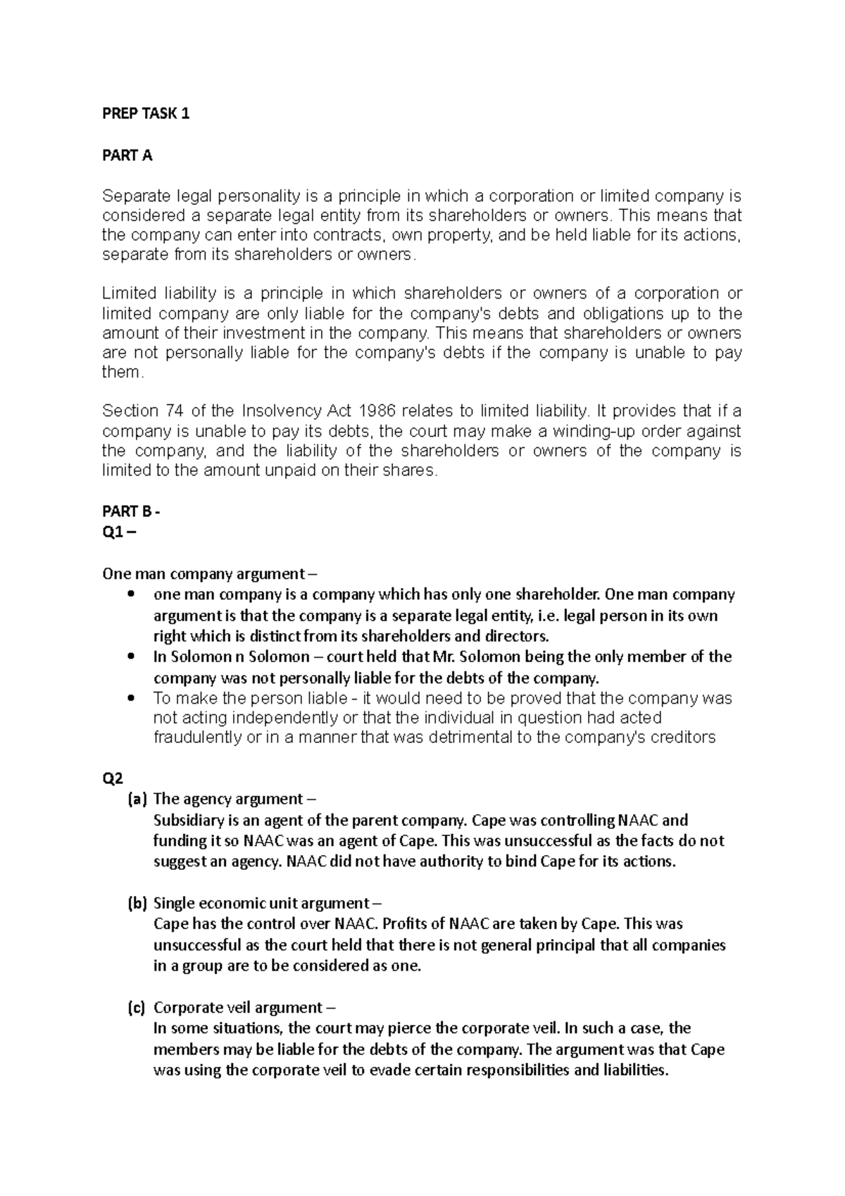 ws 2 guide and notes - PREP TASK 1 PART A Separate legal personality is ...