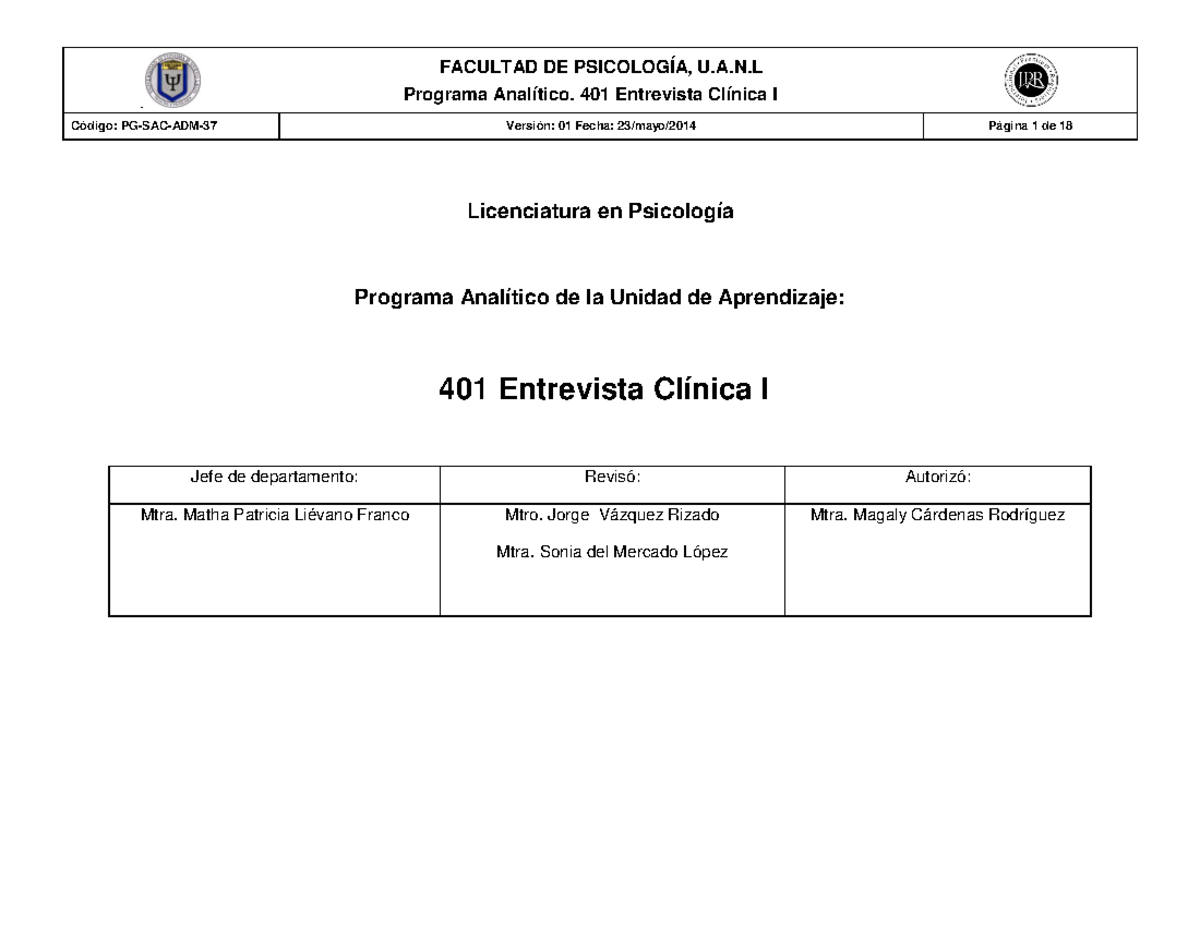 Formato de entrevista clínica para psicología - Fundamentos de la