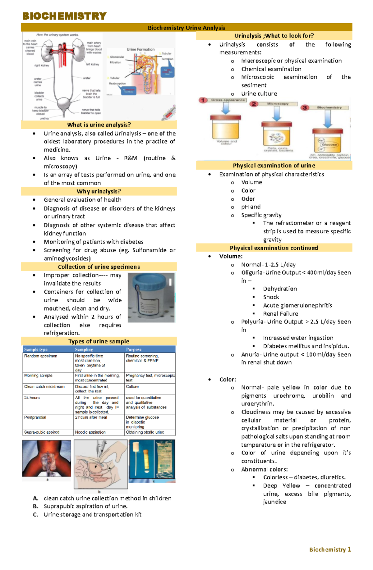 Urinalysis Overview (Biochem) BIOCHEMISTRY Biochemistry 1
