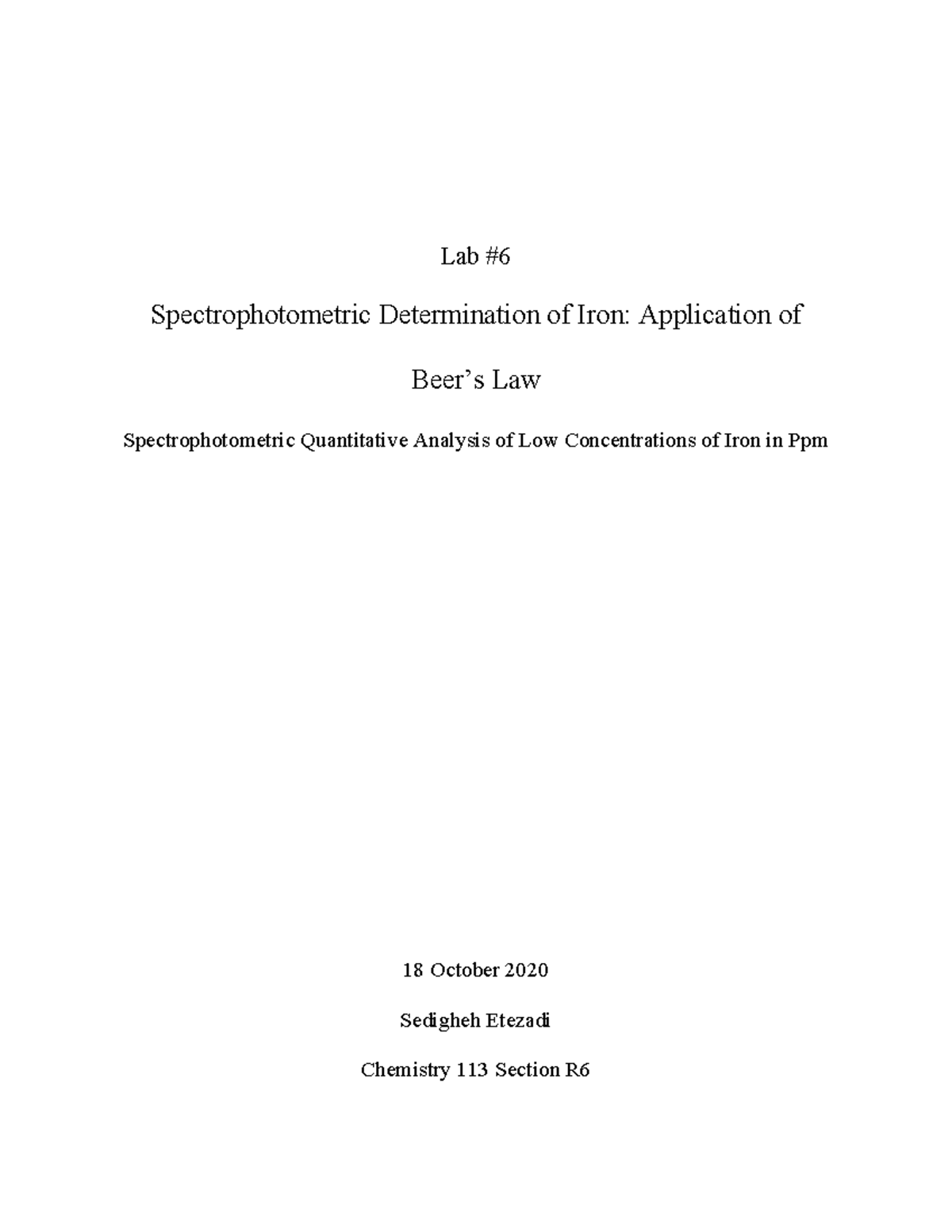 Spectrophotometric Determination Lab#6Lab Report - Lab # 6 ...