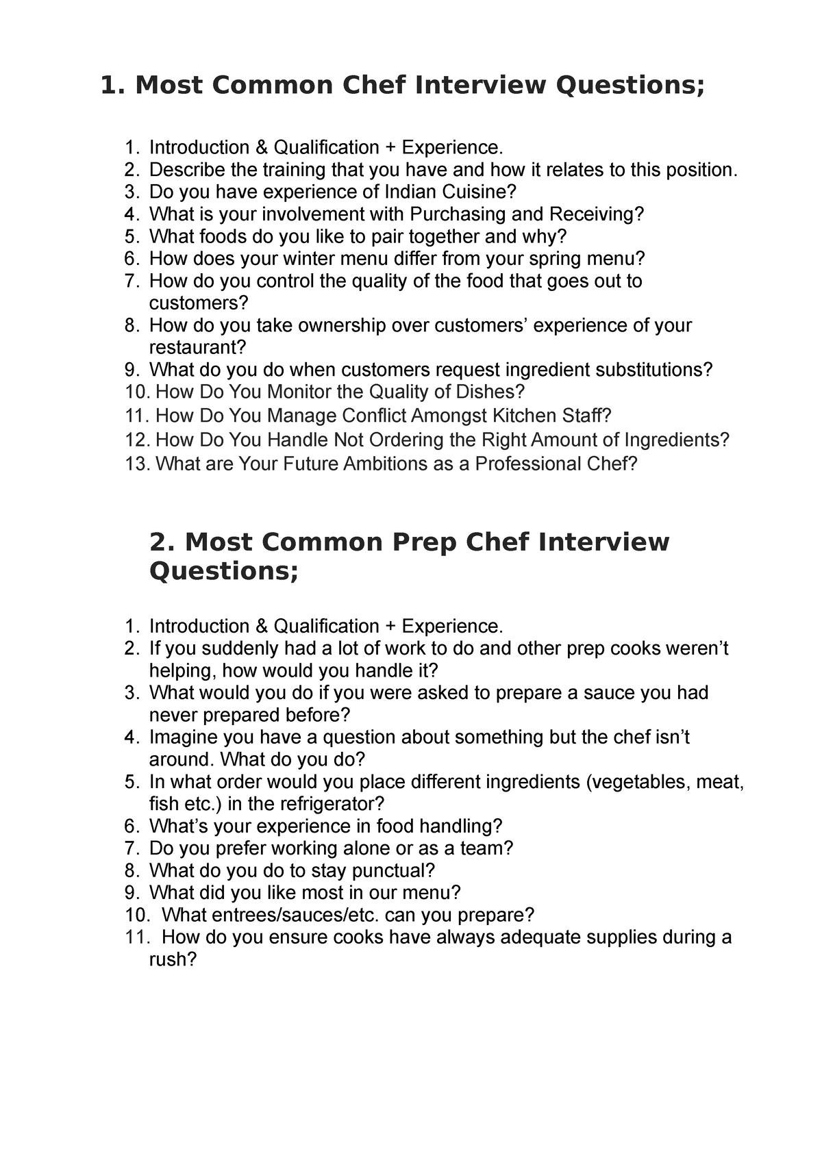 Interview Questions - 1. Most Common Chef Interview Questions; 1 ...