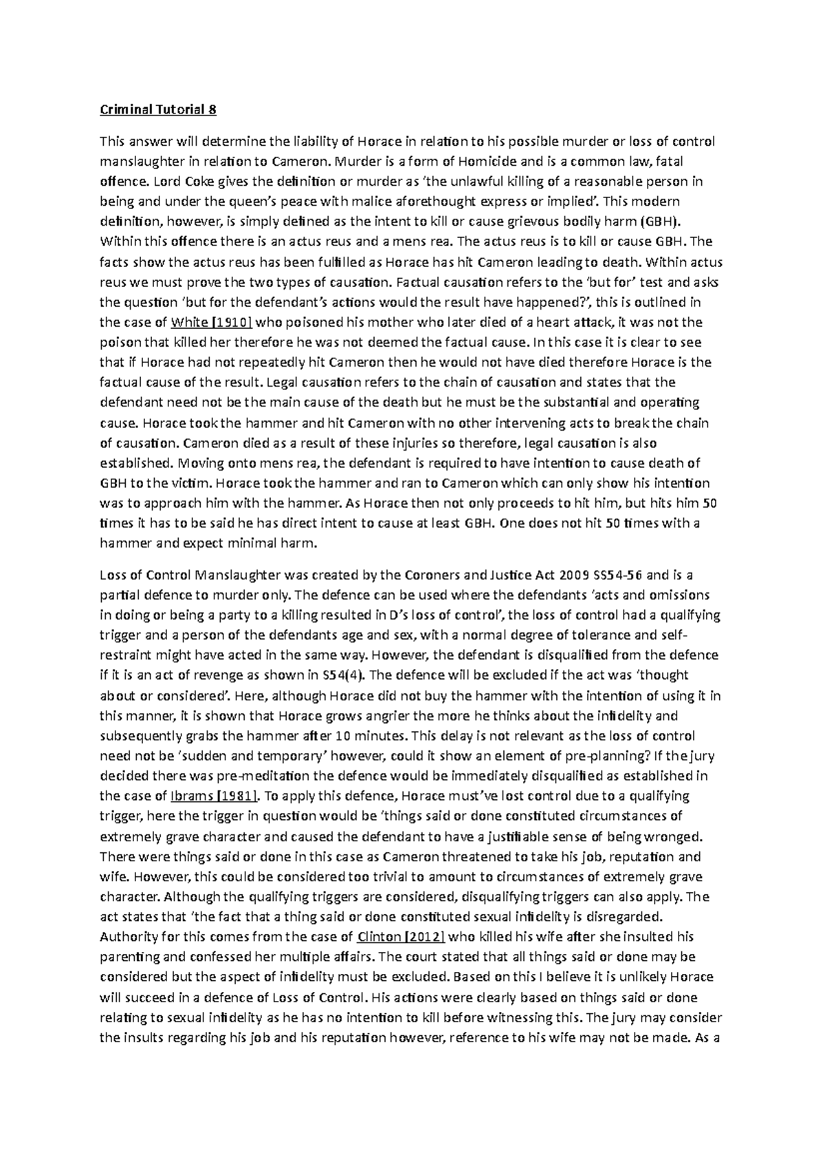 Criminal Tutorial 8 - Murder is a form of Homicide and is a common law ...