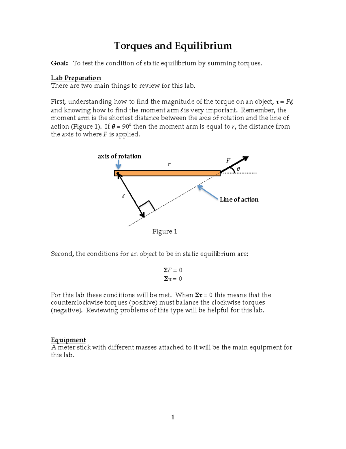 Lab 9 - Torque and Equilibrium - Torques and Equilibrium Goal: To test ...