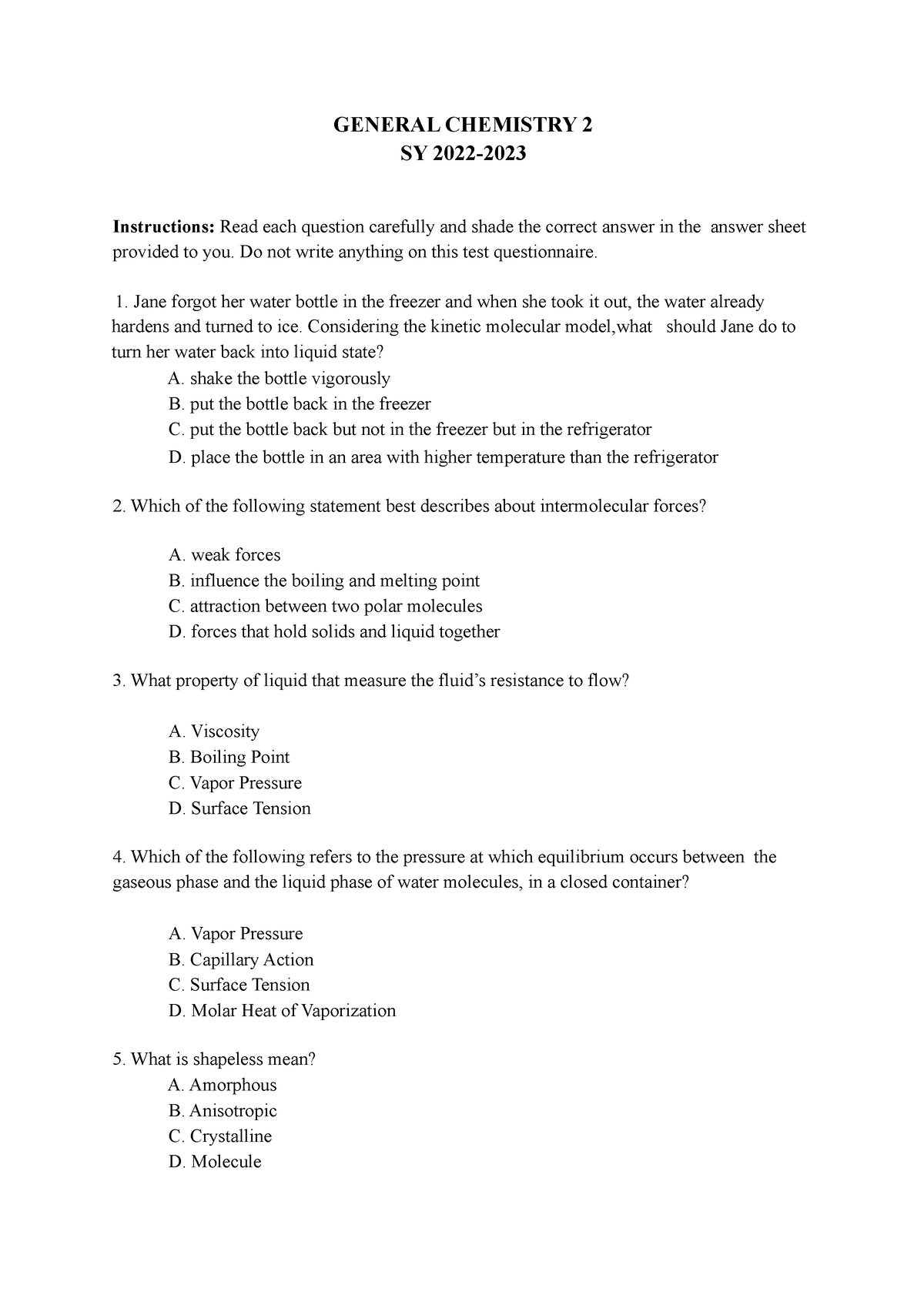 General Chemistry 2 Review Questions General Chemistry 2 Sy 2022 Instructions Read Each 2205