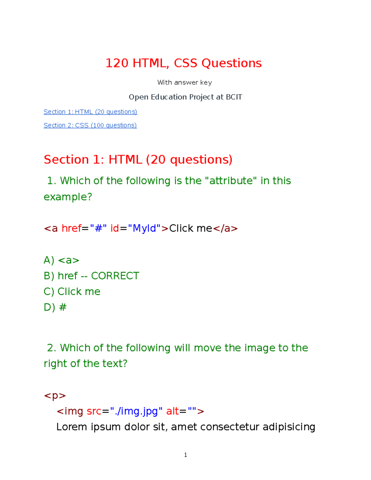 120 HTML, CSS Questions Section 1 - 120 HTML, CSS Questions With answer ...