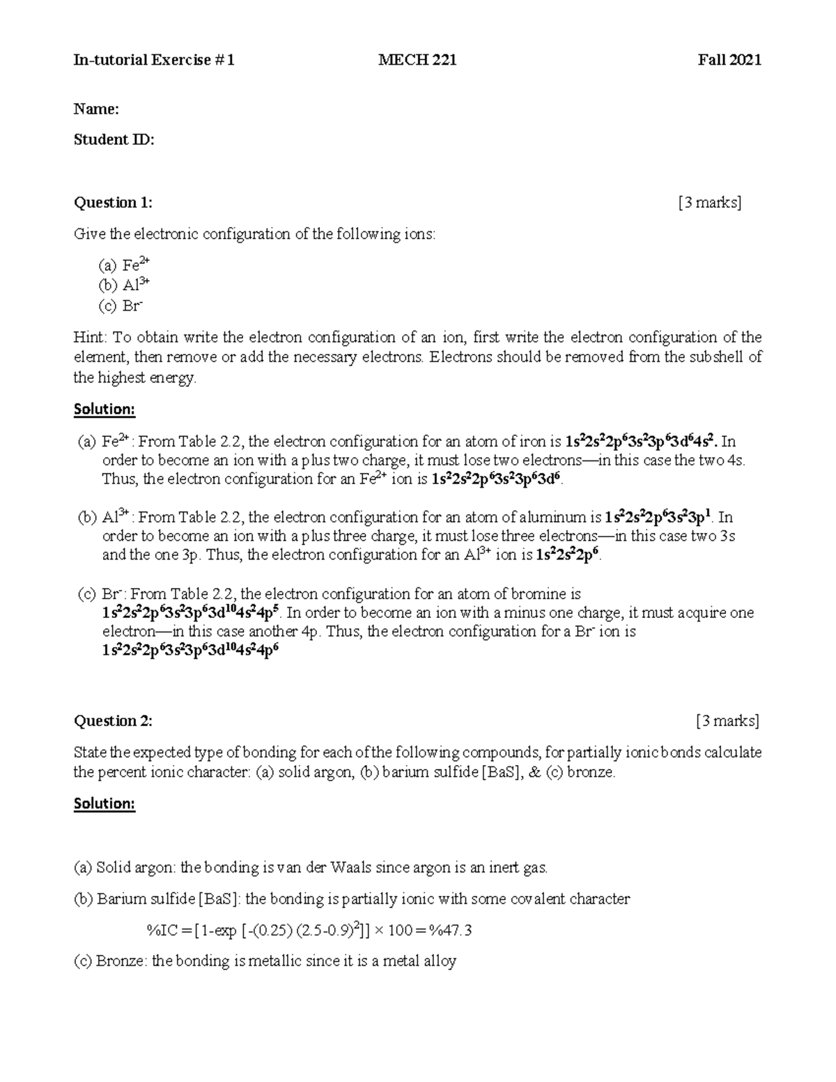 221 Quiz 1 Solutions Fall 2021 - In-tutorial Exercise # 1 MECH 221 Fall ...