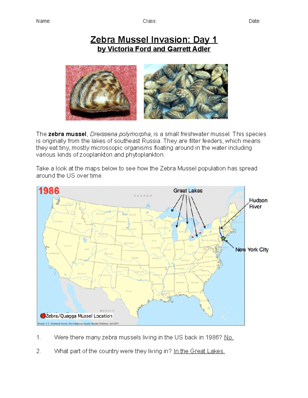 Zebra Mussels Worksheet 1 teacher Zebra Mussel Invasion Day 1 by