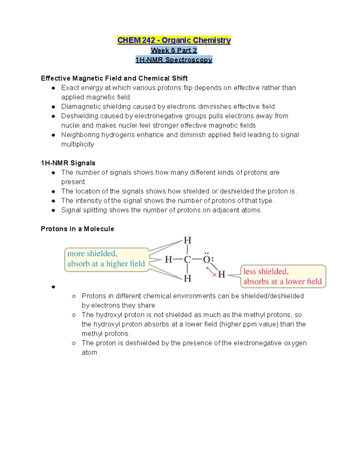 CHEM 242 Week 5 Lecture Notes Part 2 HNMR Spectroscopy CHEM 242 Organic Chemistry Week 5