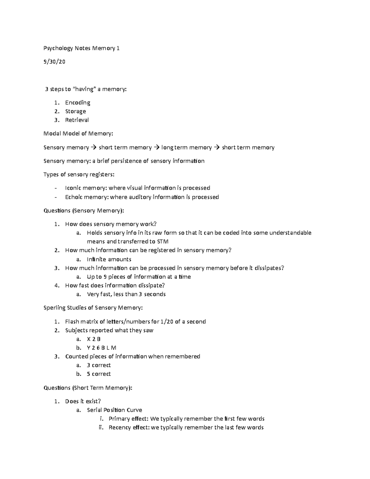 Psychology Notes Memory 1 - Encoding 2. Storage 3. Retrieval Modal ...