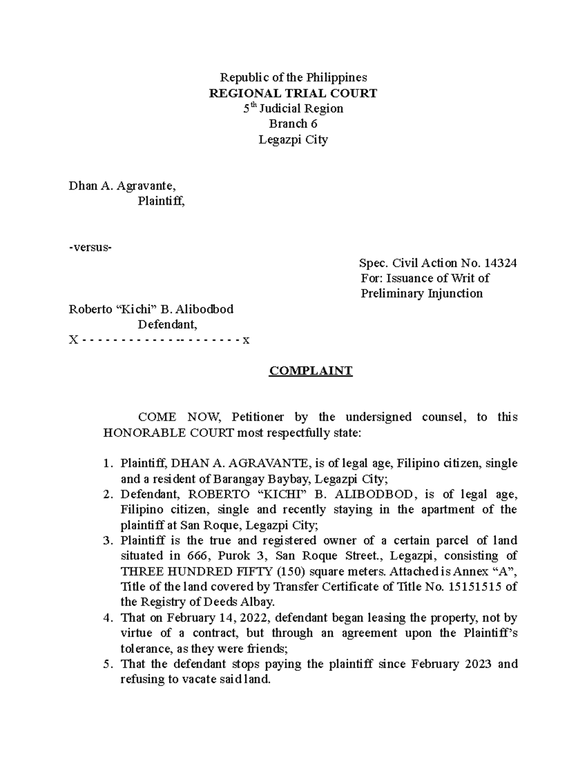 Preliminary Injunction - Republic of the Philippines REGIONAL TRIAL ...