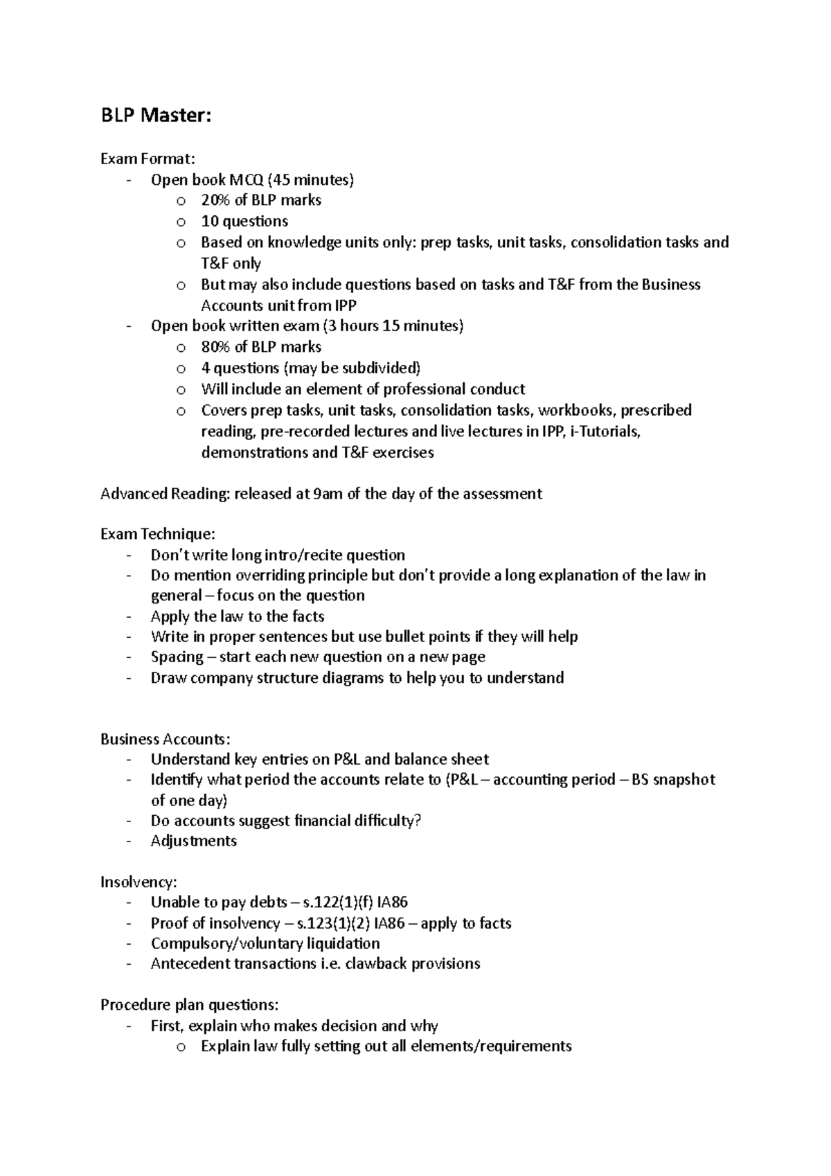 BLP Master - BLP Master: Exam Format: - Open book MCQ (45 minutes) o 20 ...