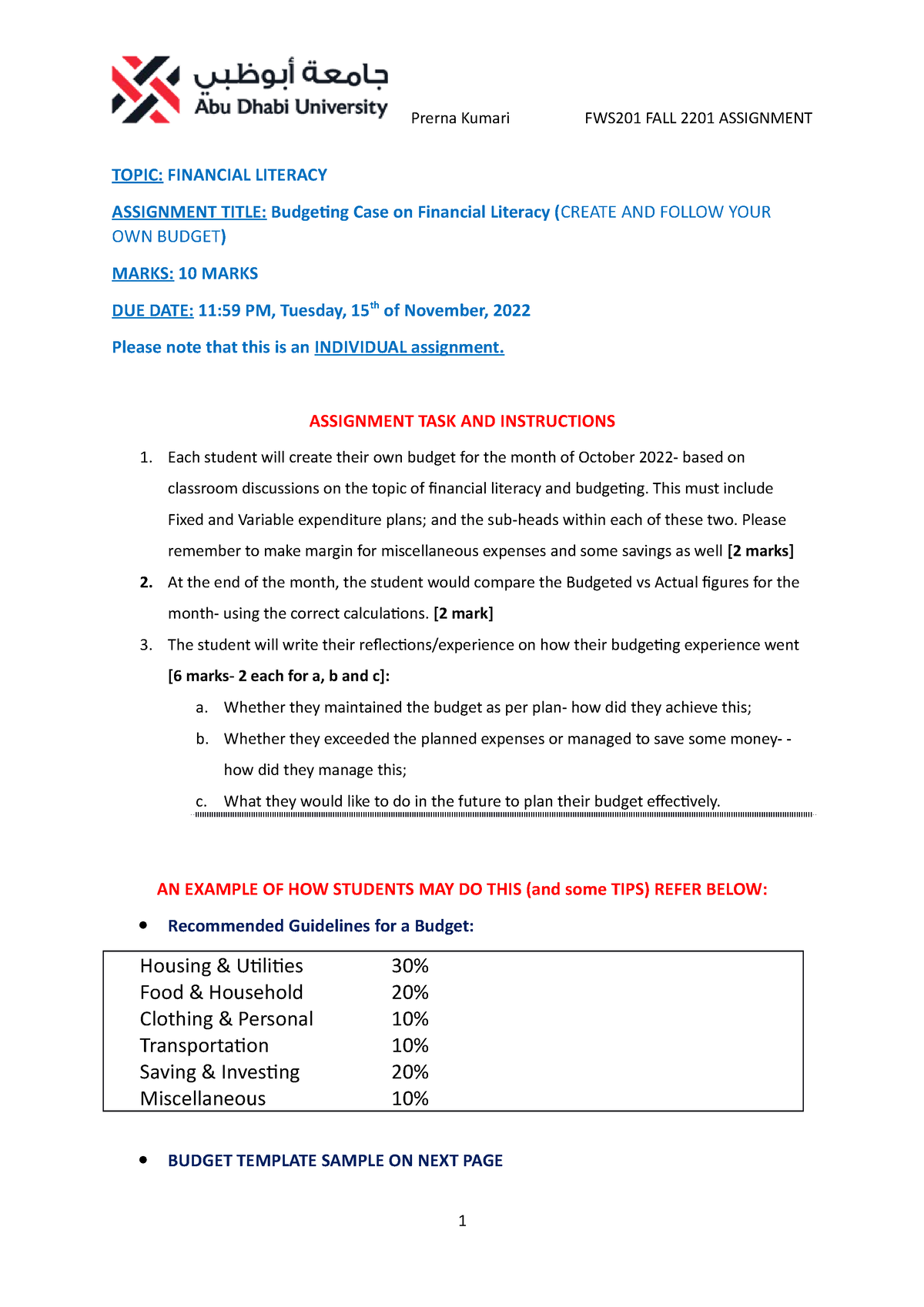 Budgeting Case on Financial Literacy - ASSIGNMENT TASK AND INSTRUCTIONS ...