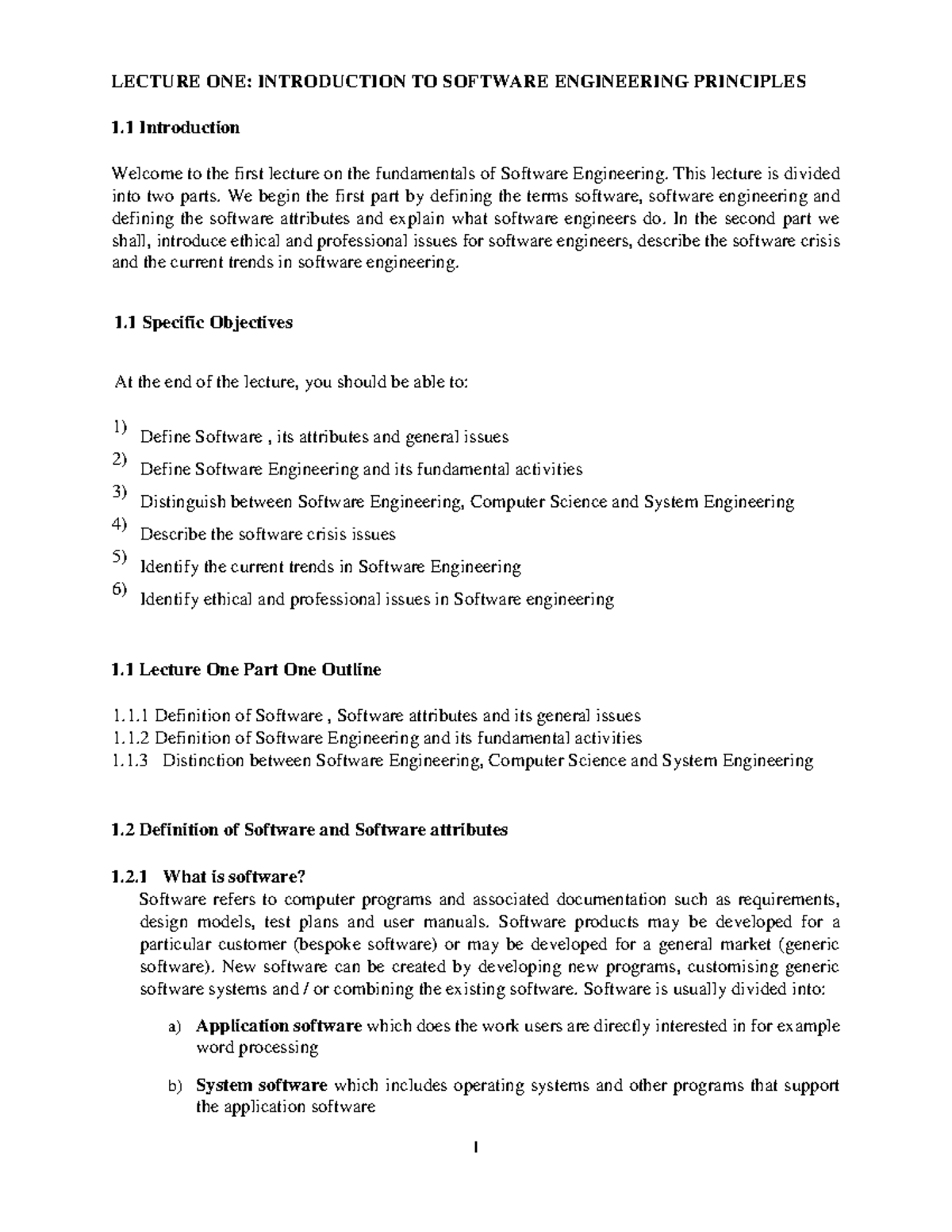 L1 SEP Introduction - LECTURE ONE: INTRODUCTION TO SOFTWARE ENGINEERING ...