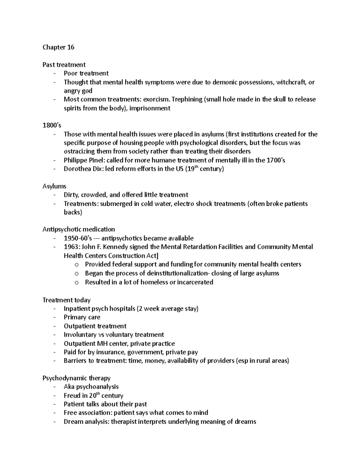 Psychology Chapter 16 Notes - Chapter 16 Past treatment Poor treatment ...