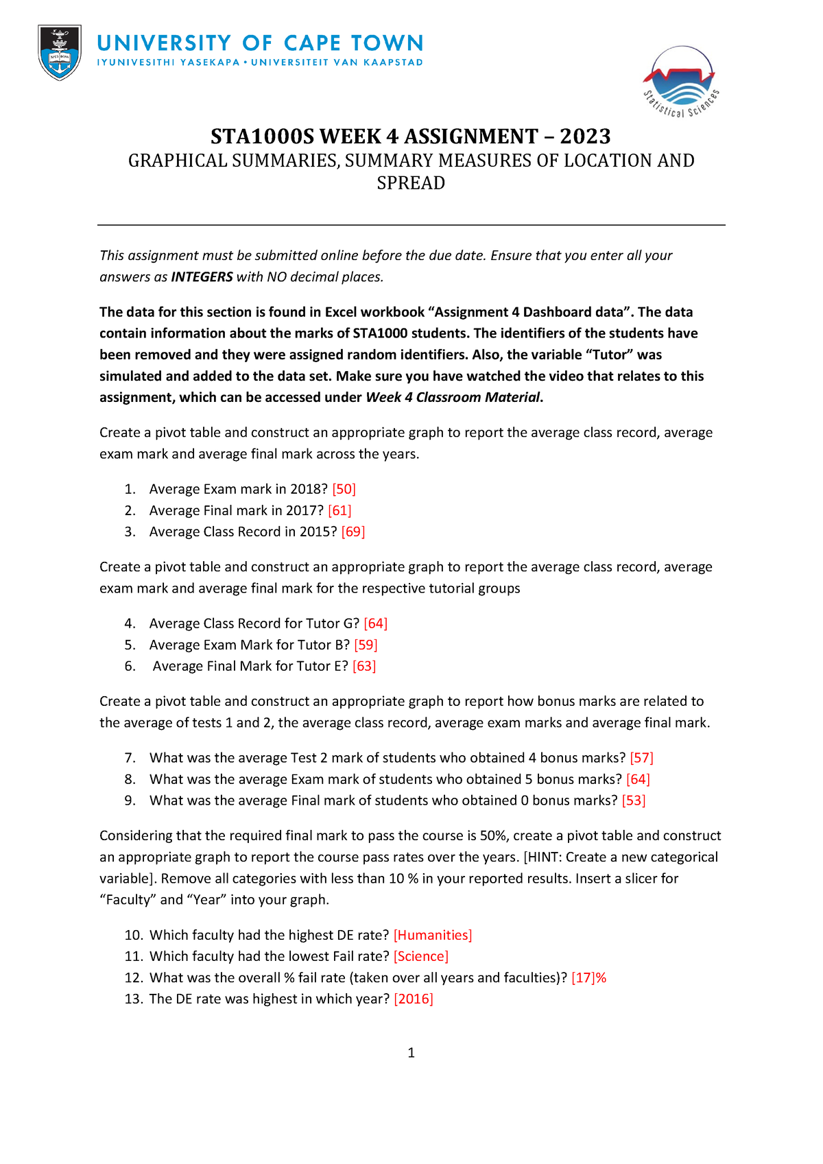 STA1000S 2023 Week 4 Assignment - Solutions - 1 STA1000S WEEK 4 ...