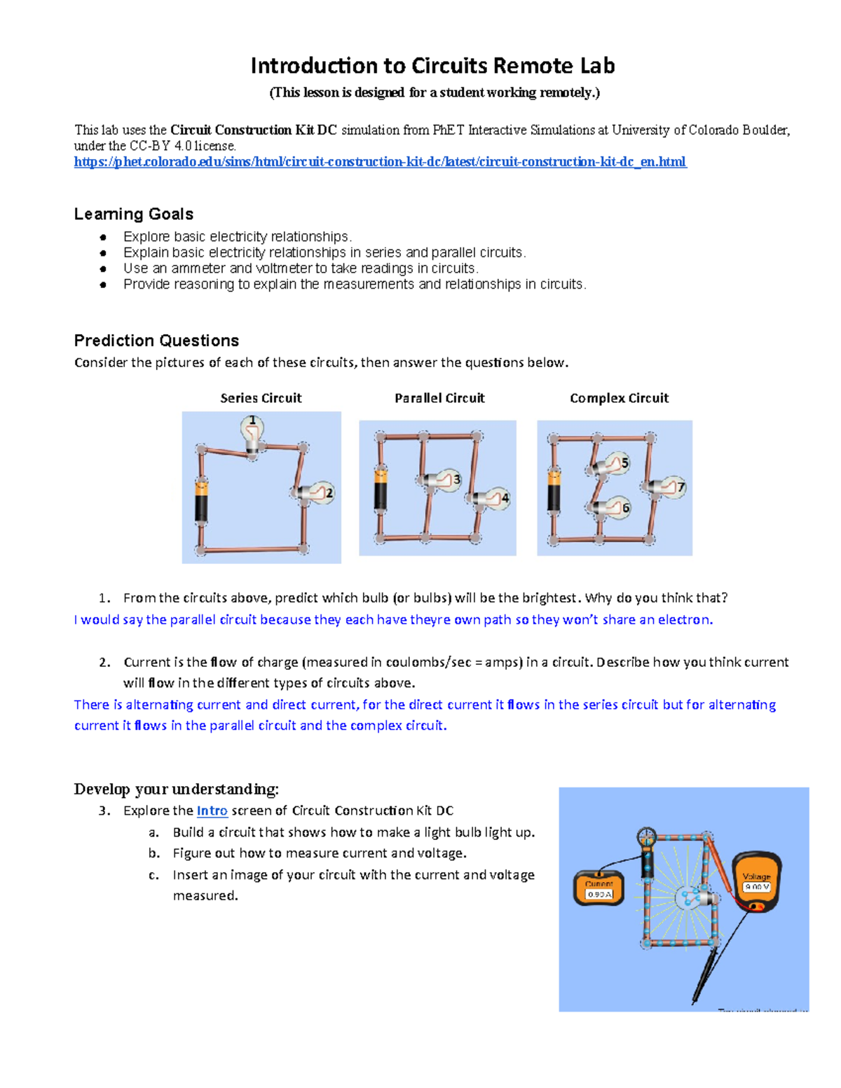 Introduction to Circuits Remote Lab (This lesson is designed for a student  working remotely .) - Studocu