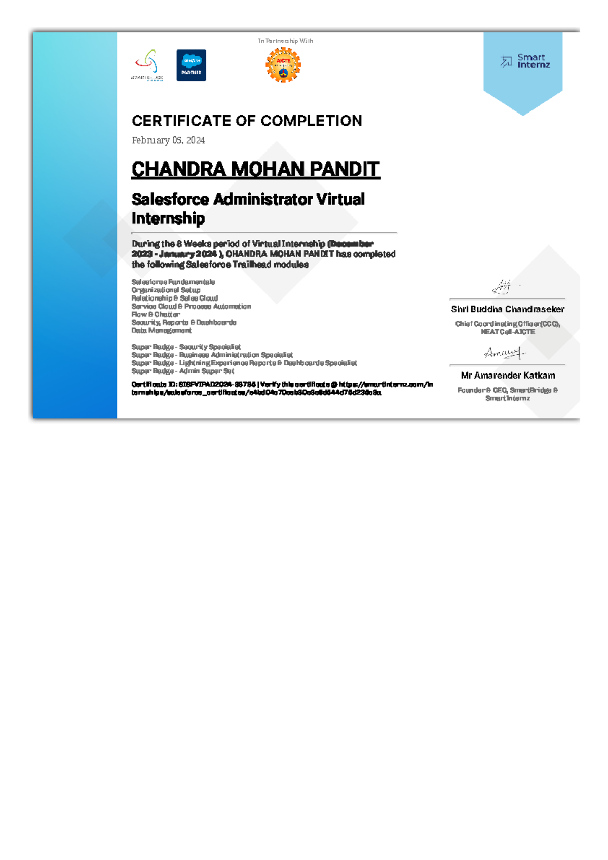 Chandra Mohan Pandit Salse Force crtificate - In Partnership With ...