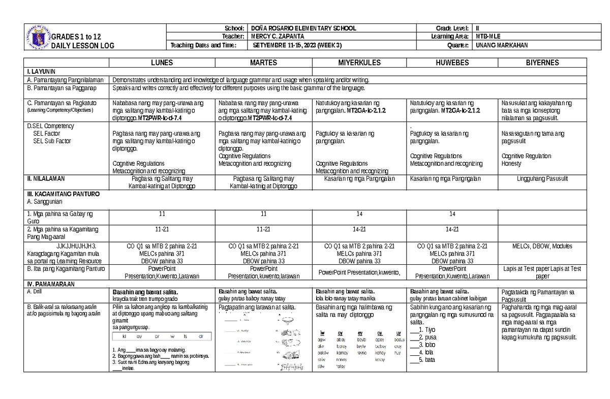 DLL MTB-MLE-2 Q1 W3 - Lesson Plan - GRADES 1 to 12 DAILY LESSON LOG ...