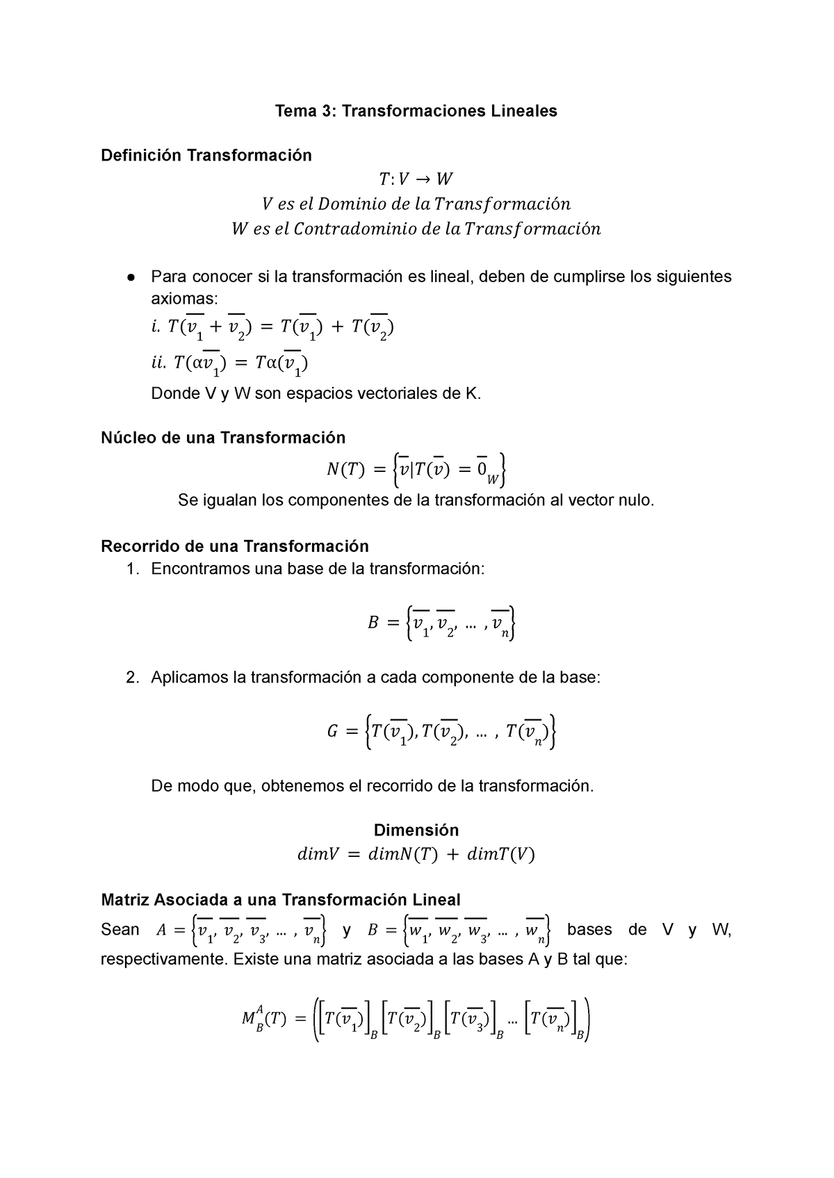 Formulario Lineal - Tema 3: Transformaciones Lineales Definición ...