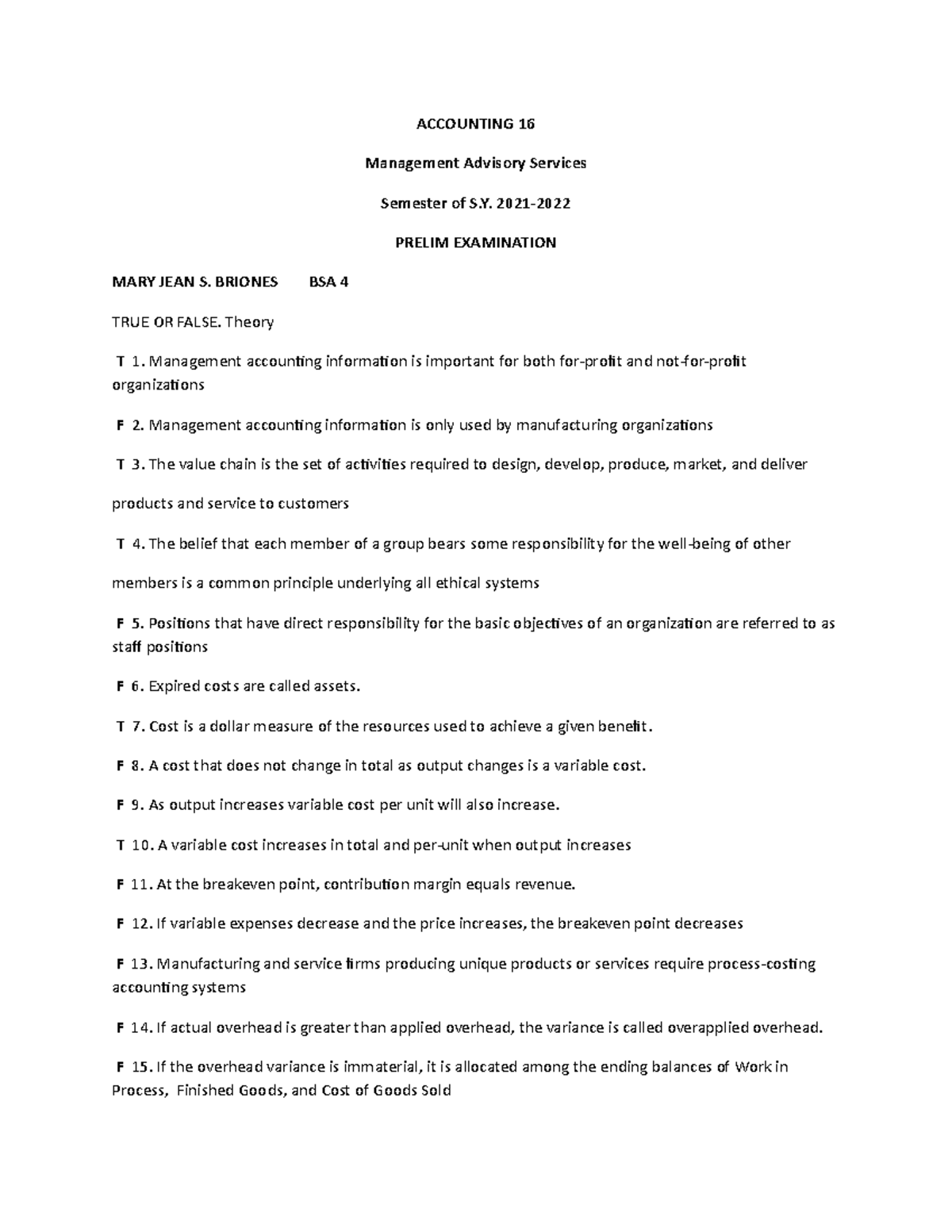 True or False( Theory) - Documents are not mine credit to the right ...